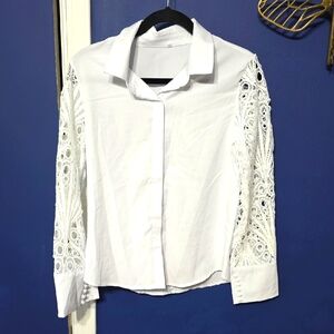 White Button Down Shirt with Lace Embellished Sleeves